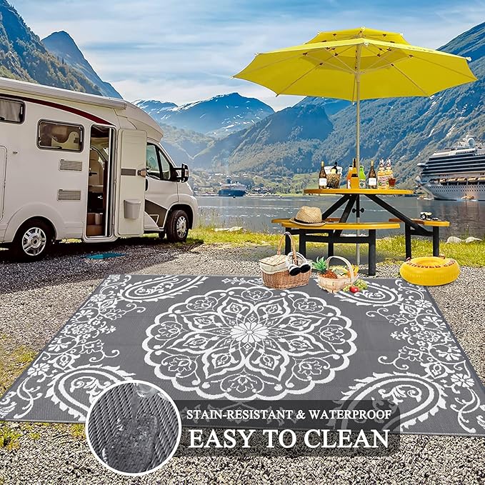 Pauwer Waterproof Outdoor Rug 8x10, Reversible Plastic Straw Patio Camping Rug, Indoor Outdoor RV Mat Carpet for Deck, Camper, Porch, Balcony, Backyard, Picnic, Boho Grey