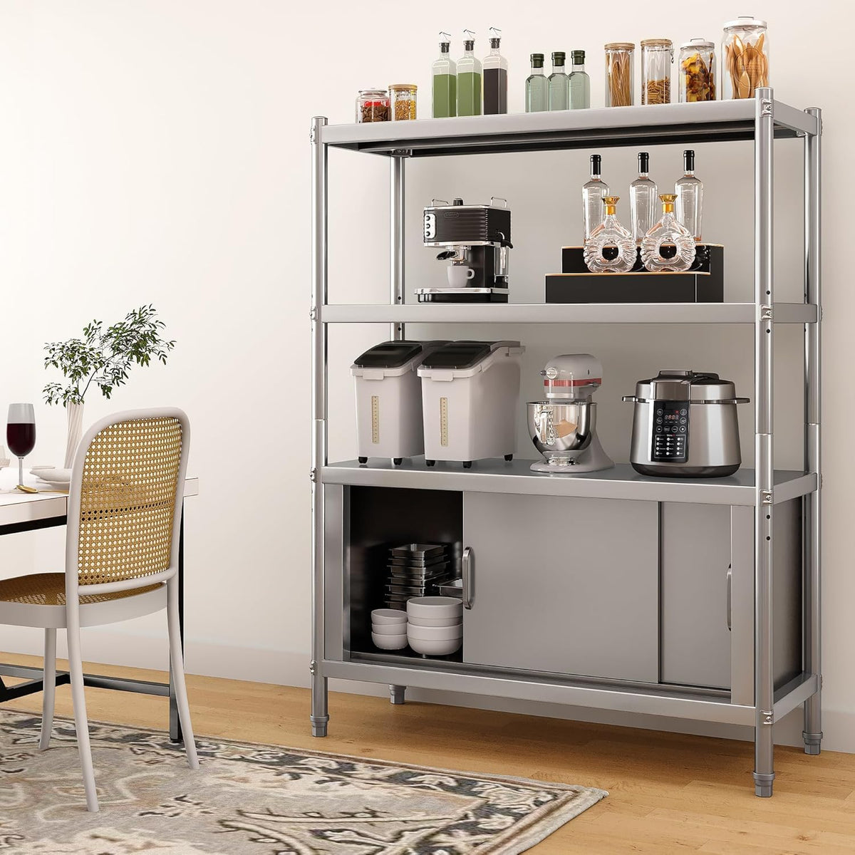 YITAHOME Stainless Steel Shelves 4 Tier, 48x18x60in Storage Shelf Unit with Cabinet, NSF Heavy Duty Floor Mount Shelving for Kitchen Garage Office Restaurant Warehouse, Indoor