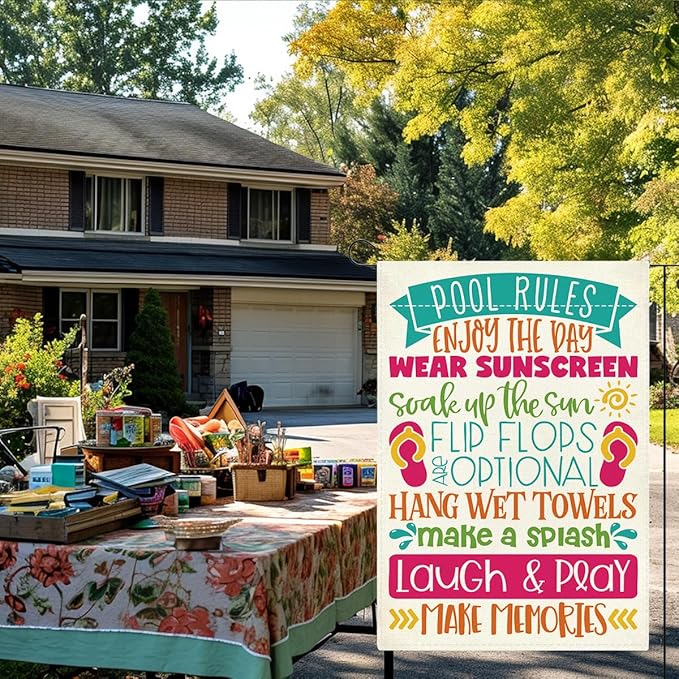 Patio Summer Clearance Pool Garden Flag Welcome to Our Patio Sign Outdoor Decorations Small Double Sided Burlap art Stained Glass Style Garden Flags 12 x 18 Inch for Outside