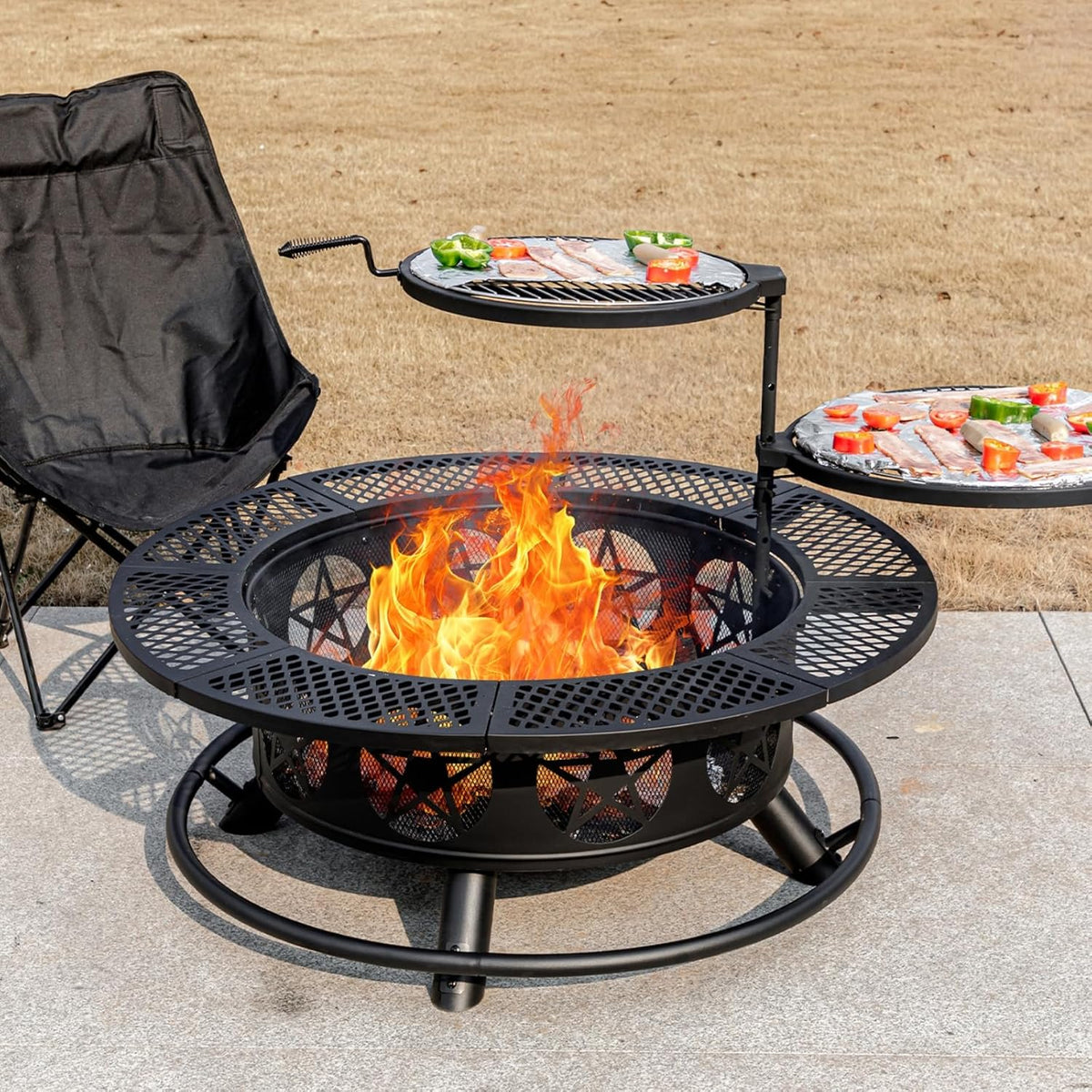 36 Inch Fire Pit with 2 Grills, Wood Burning Fire Pits for Outside with Lid & Poker, BBQ& Outdoor Firepit & Round Metal Table 3 in 1 for Patio, Picnic, Party