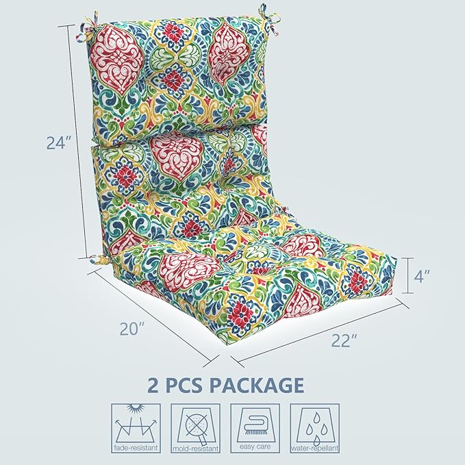 LVTXIII Outdoor Seat/Back Chair Cushion Patio Tufted High Back Cushion, Seasonal Replacement Rocking Chair Cushion with Ties, 22” W x 20D”, Set of 2, Damask Red