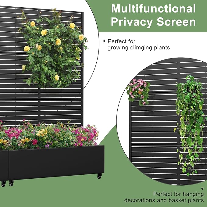 Casaphoria Metal Raised Garden Bed with Trellis and Wheels, 72"x47"x16" Planter Box for Climbing Plants, Vegetables & Vines, Features Drainage Holes and Privacy Screen (Black-Louvered)