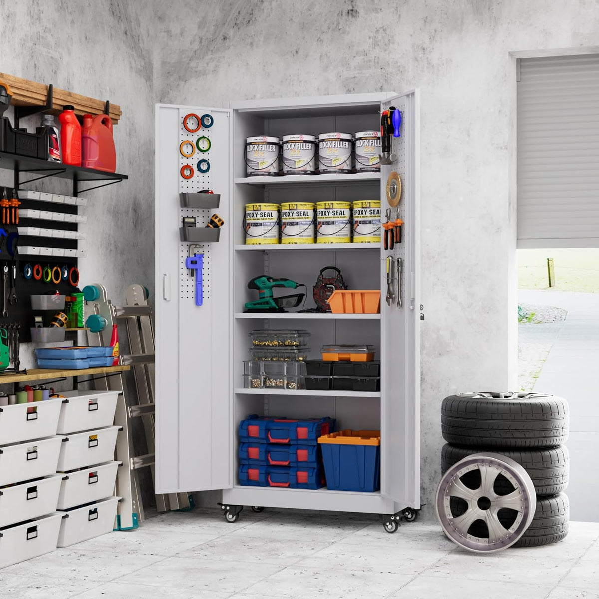 73" H Metal Storage Cabinet with Wheels, Pegboard and 4 Hooks, Garage Storage Cabinet with 4 Adjustable Shelves and 2 Lockable Doors for Garage Home Office, Basement, Assembly Required, White