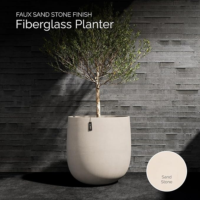 Mondo Large Planter – Sand Stone Finish – Fiberglass Indoor/Outdoor and Weather-Resistant Round Planter (19.7" D x 19.1" H Exterior, 18.5" D x 18.5" H Interior)