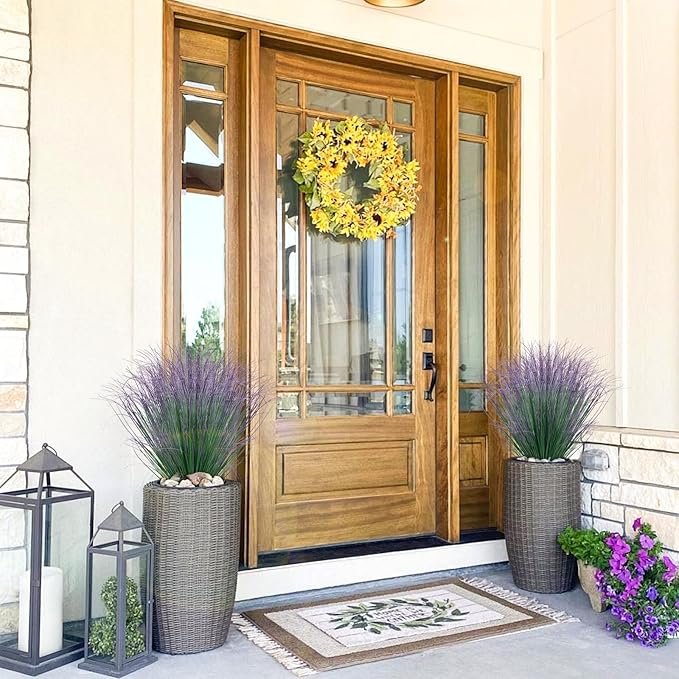 24Pcs Artificial Grass Plants, Faux Shrubs Wheat Grass, Artificial Tall Grass Fake Plants for Outdoor Decor,Artificial Greenery Stems Weed for Room Indoor Home Decor（Green Purple Tail）