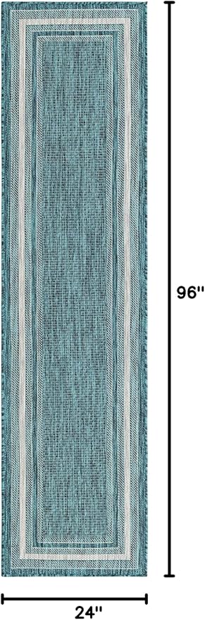 Unique Loom Outdoor Border Collection Area Rug - Soft Border (2' x 8' Runner, Teal/ Ivory)