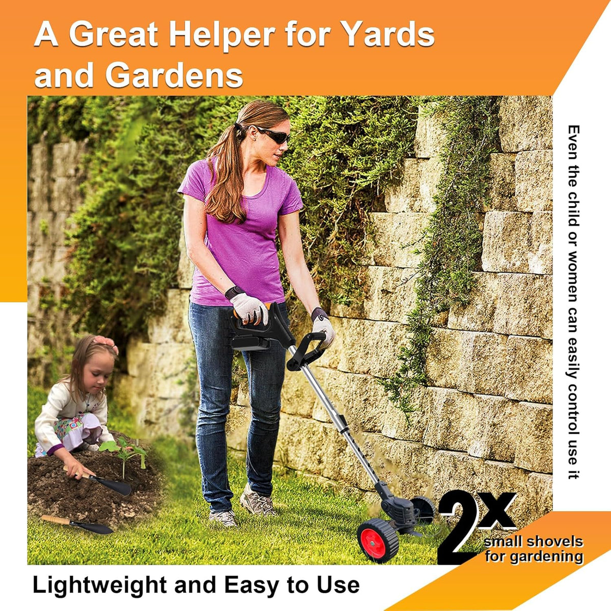 Electric Weed Wacker Eater Cordless Battery Powered, Weed Trimmer 21V Lightweight No-String with 2 Battery Operated & Wheels, 3 in 1 Stringless Grass Trimmer/Edger/Brush Cutter for Garden Yard Lawn
