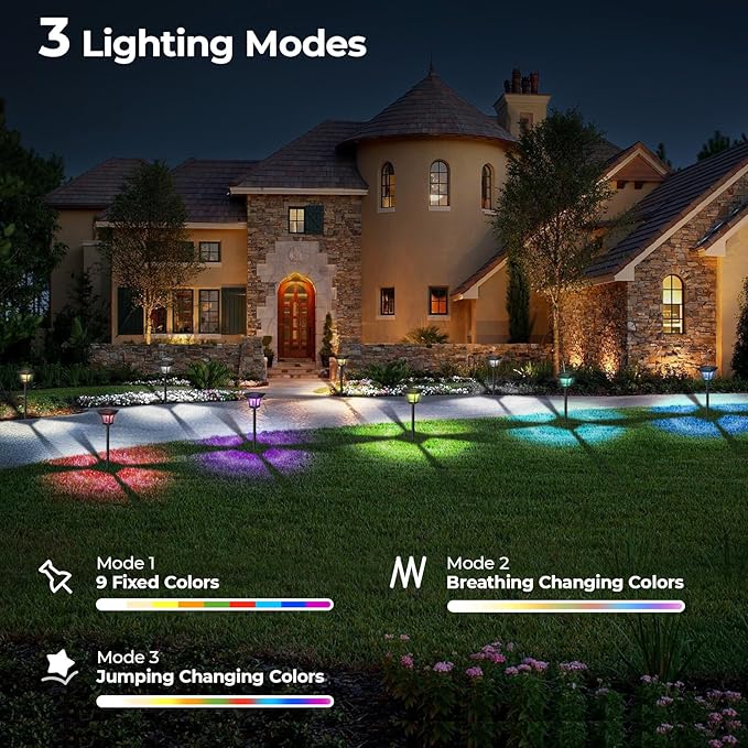 CINOTON 2 Pack RGBCW Solar Pathway Outdoor Lights, 3 Lighting Modes Solar LED Garden Light, IP65 Waterproof Outside Solar Powered Landscape Lighting for Patio Walkway Yard Driveway RGB/Warm/Cold White
