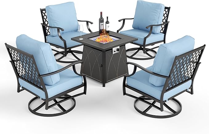 Patio Furniture Set with Fire Pit Table, 5 Pcs Metal Outdoor Conversation Set, 4 Swivel Chairs with 5.75" Extra Thick Cushion and 28" Fire Pit Table for Backyard Deck, Blue
