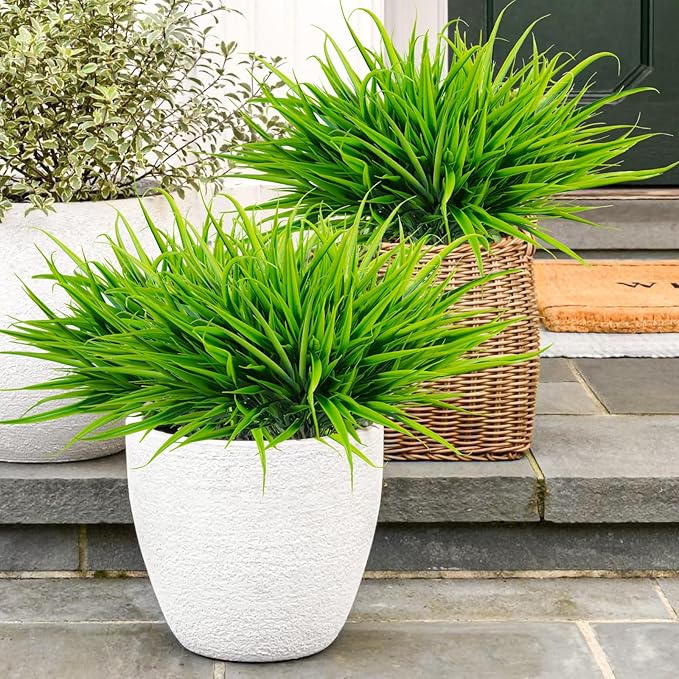 Uieke 12 Bundles Artificial Outdoor Plants UV Resistant Fake Grass Plants Faux Plastic Plants Greenery Shrubs for Home Garden Pathway Window Box Front Porch Spring Summer Decor, Green