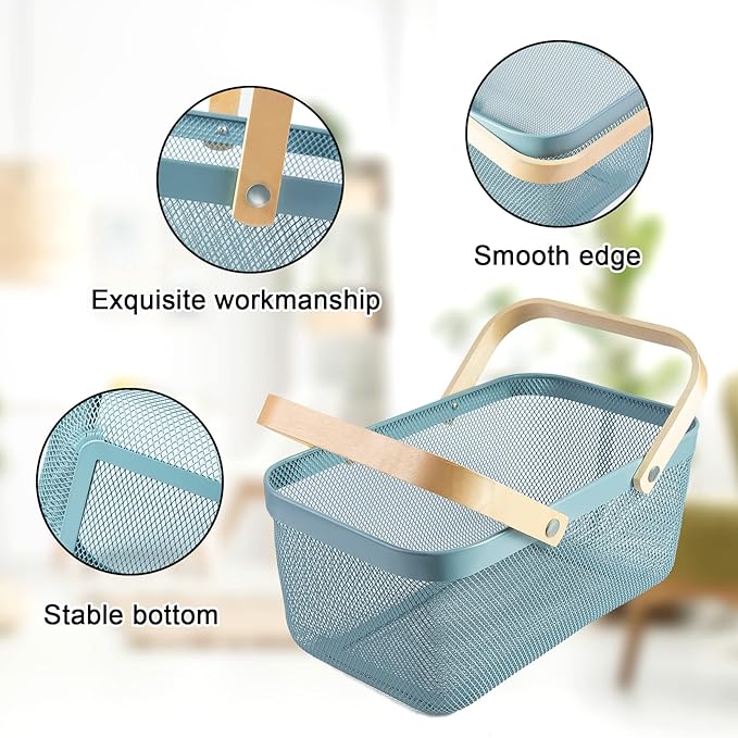 Portable Garden Harvest Basket-Mesh Design Natural Bamboo Handle Wire Storage Baskets,Mesh Basket with Handle Organize Items Reduce Space Occupation,Suitable for Kitchen,Garden,Picnic(Blue)