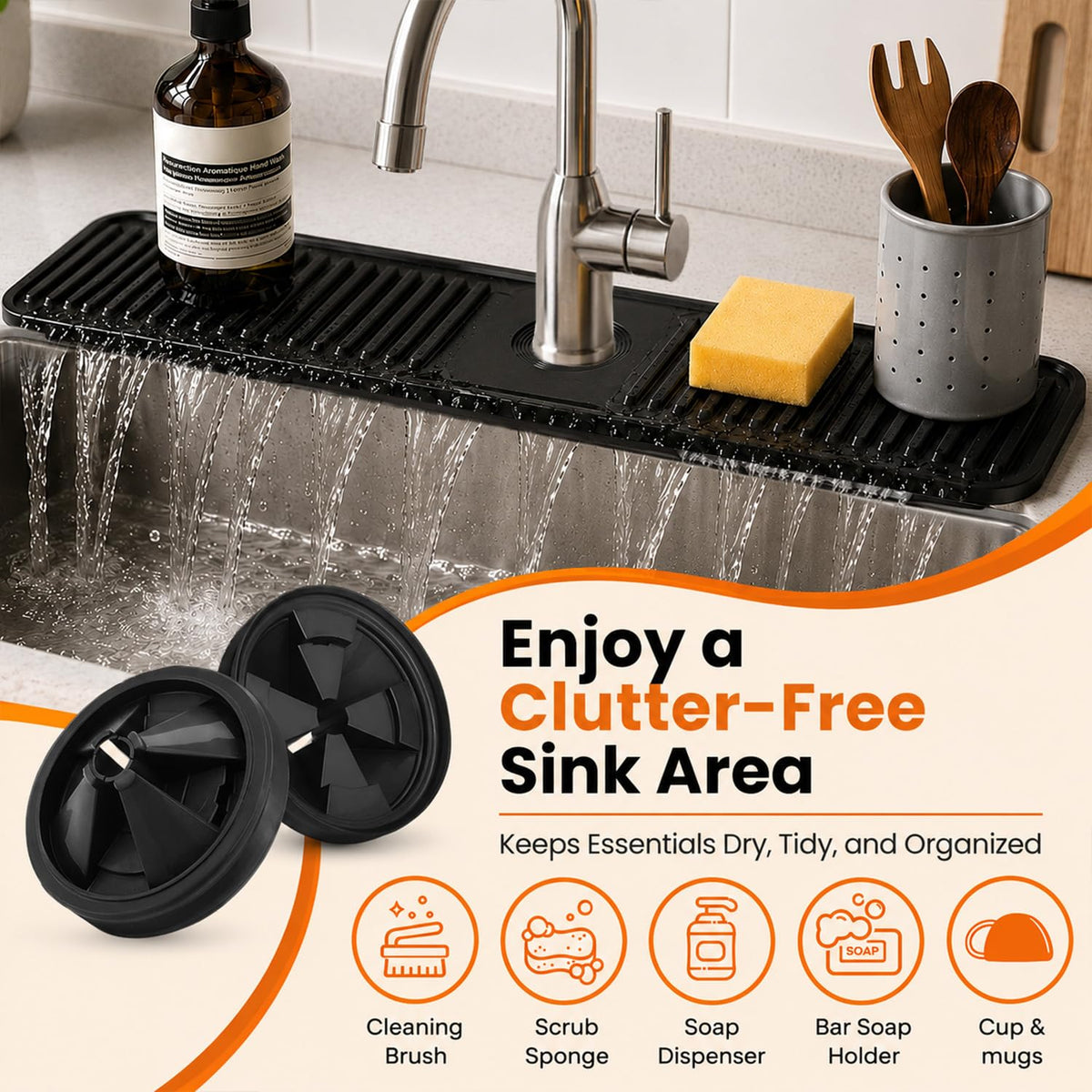 24 Inch Silicone Faucet Mat for Kitchen Sink Splash Guard, W/Sink Baffle