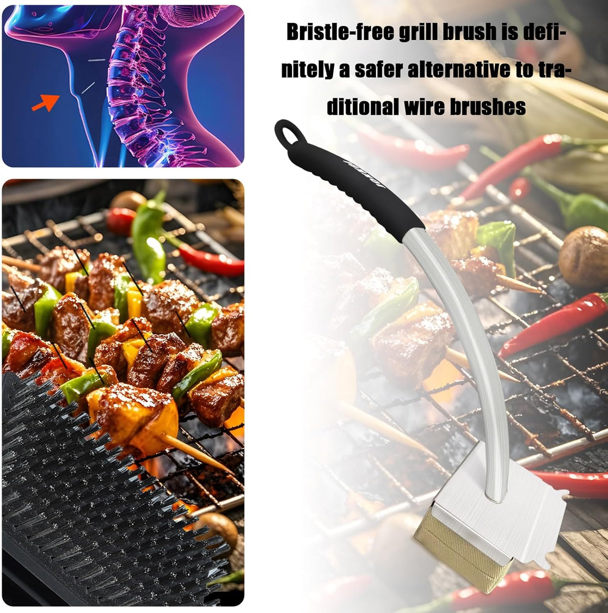 Grill Brush Bristle Free with Long Handle,Non Metal Grill Scraper for Outdoor BBQ,Stainless Steel Safe Steam Cleaner, Includes 2 Replaceable Heads for Grilling Effortless Blue