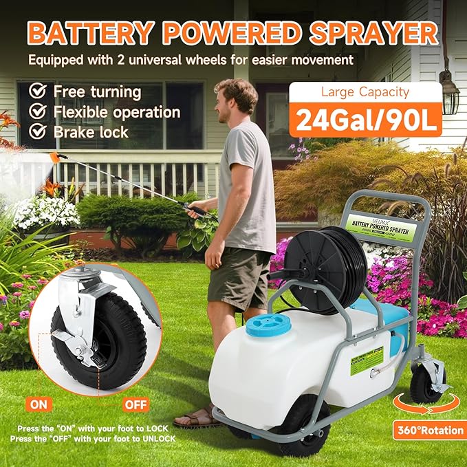 24 Gallon Battery Powered Sprayer,90 PSI Electric Pump,6 Hours Long Battery Life,12V 8Ah Battery,Adjustable HD Wand and 10 Nozzles,Portable Sprayer with Wheels for Lawn & Garden Spraying, Cleaning