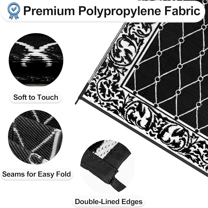OutdoorLines Indoor Outdoor Rugs for Patio 6x9 ft - Reversible Outside Carpet, Stain & UV Resistant Portable RV Mats, Plastic Straw Rug for Camping, Pool Deck, Porch Rhombus Black & White