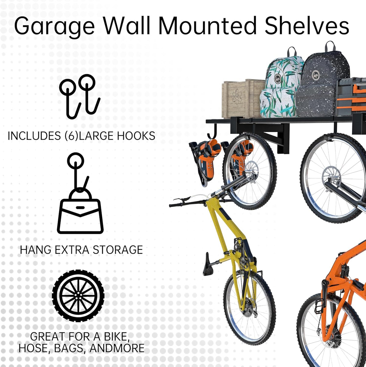 1-Pack Garage Wall Shelving,Heavy Duty Garage Storage Shelves, Wall Mounted Storage Shelving with 6 Hooks, 250LB Capacity, Black