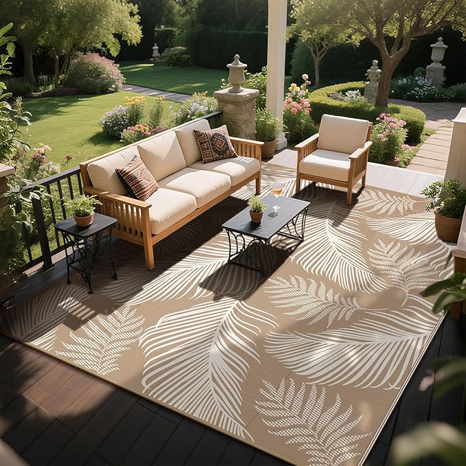 Pauwer Waterproof Outdoor Rug 8x10, Reversible Plastic Straw Patio Camping Rug, Indoor Outdoor RV Mat Carpet for Deck, Camper, Porch, Balcony, Backyard, Picnic, Leaf Brown
