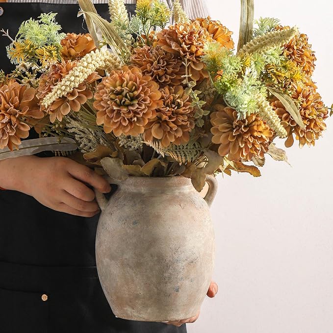 Ceramic Flower Vase 7.6 inch Farmhouse Rustic Vase Decorative Pottery Terracotta Vases for Home Decor Table Mantle Fireplace Living Room Bathroom Wedding Centerpiece (Whitewashed)