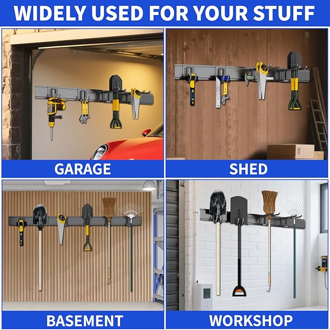 Garage Organization Tool Organizer Wall Mount, 48inch Heavy Duty Garden Tool organizer Storage System, Easy Install With 6 Adjustable Hooks, For Garage, Basement, Shed, Workshop(Black)