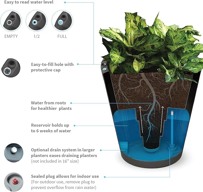 Crescent Garden Dot TruDrop Indoor/Outdoor Planter, Self-Watering Plant Pot, 26 Inches, (Alpine White)