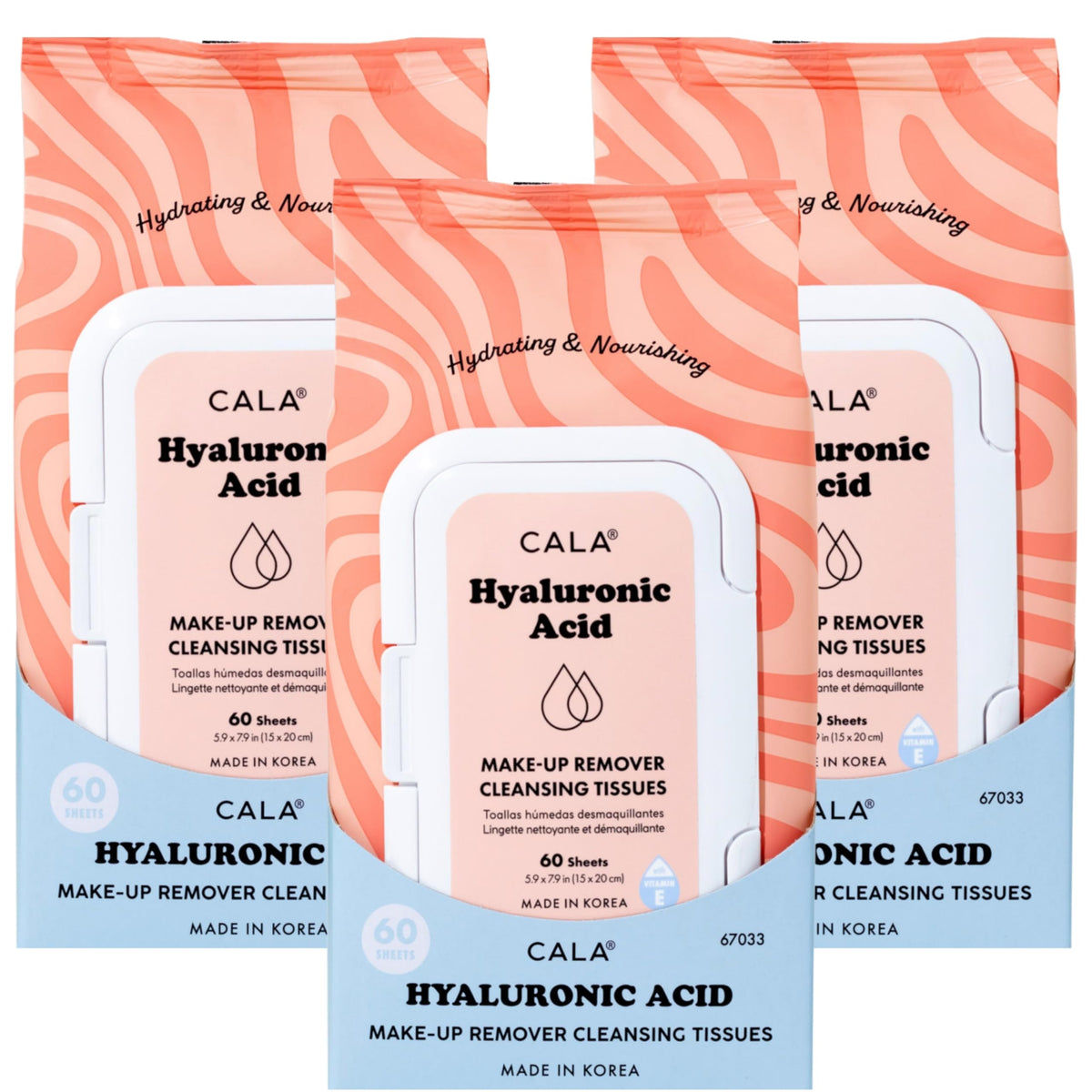 CALA Makeup Remover Cleansing Tissues: Hyaluronic Acid (60 Sheets) - Hydrating, Gentle Wipes for a Smooth, Radiant Complexion, Safe for All Skin Types (180 count, Pack of 3)