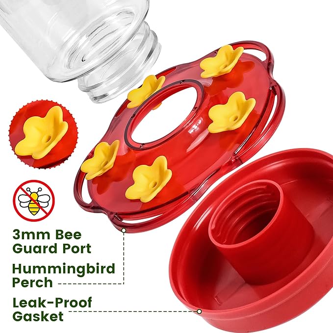 Glass Hummingbird Feeders for Outdoors Hanging Ant and Bee Proof, 1 Pack 15 Ounces Red Hummingbird Feeder with 5 Feeding Ports and Perches, Built-in Ant Moat, Outside Garden Décor (Glass, 1)