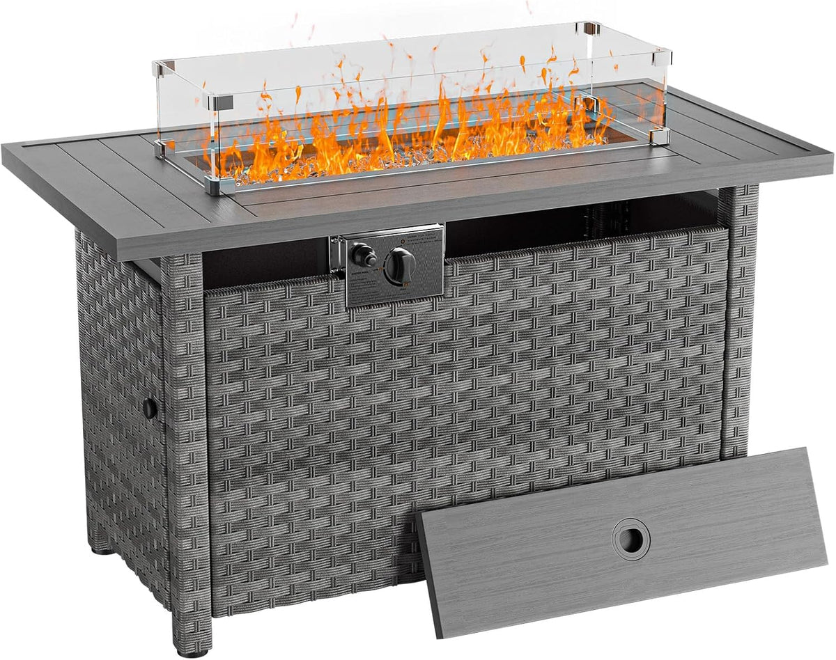 44" Fire Pit Table with Wind Guard for Outdoor, Auto-Ignition Propane Gas Firepits Rattan Rectangular Table for Outside Patio 60,000 BTU, Gray