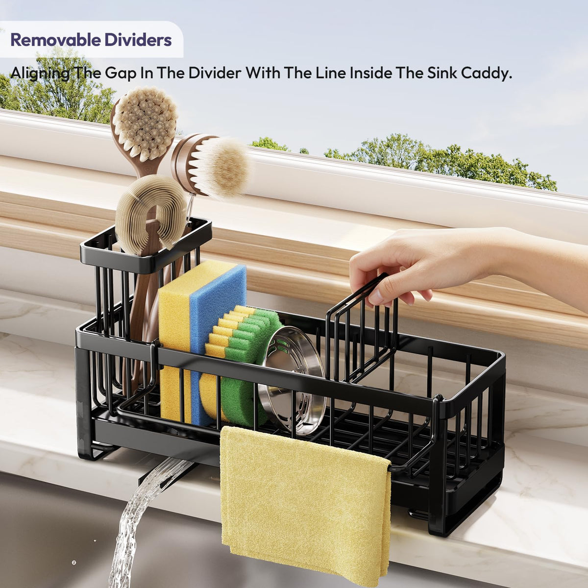 SWTYMIKI Sponge Holder for Kitchen Sink - Sink Caddy with Brush Holder Self-draining Sponge Caddy Organizer with Divider Stainless Steel Kitchen Accessories Storage for Countertop, Black