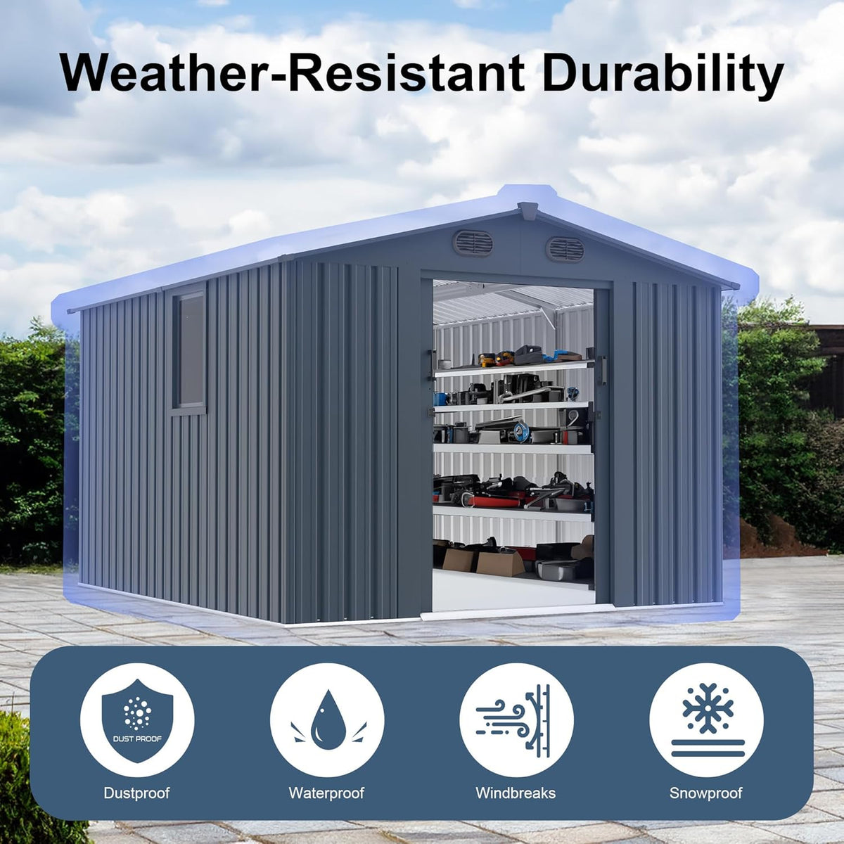 Outdoor Storage Shed 8x10 FT with Window - Metal Sheds & Outdoor Storage for Motorcycle, Bike, Garden Tool, Lawnmower - Backyard Tool Building with 1 Sliding Door and 4 Vents (Without Floor)