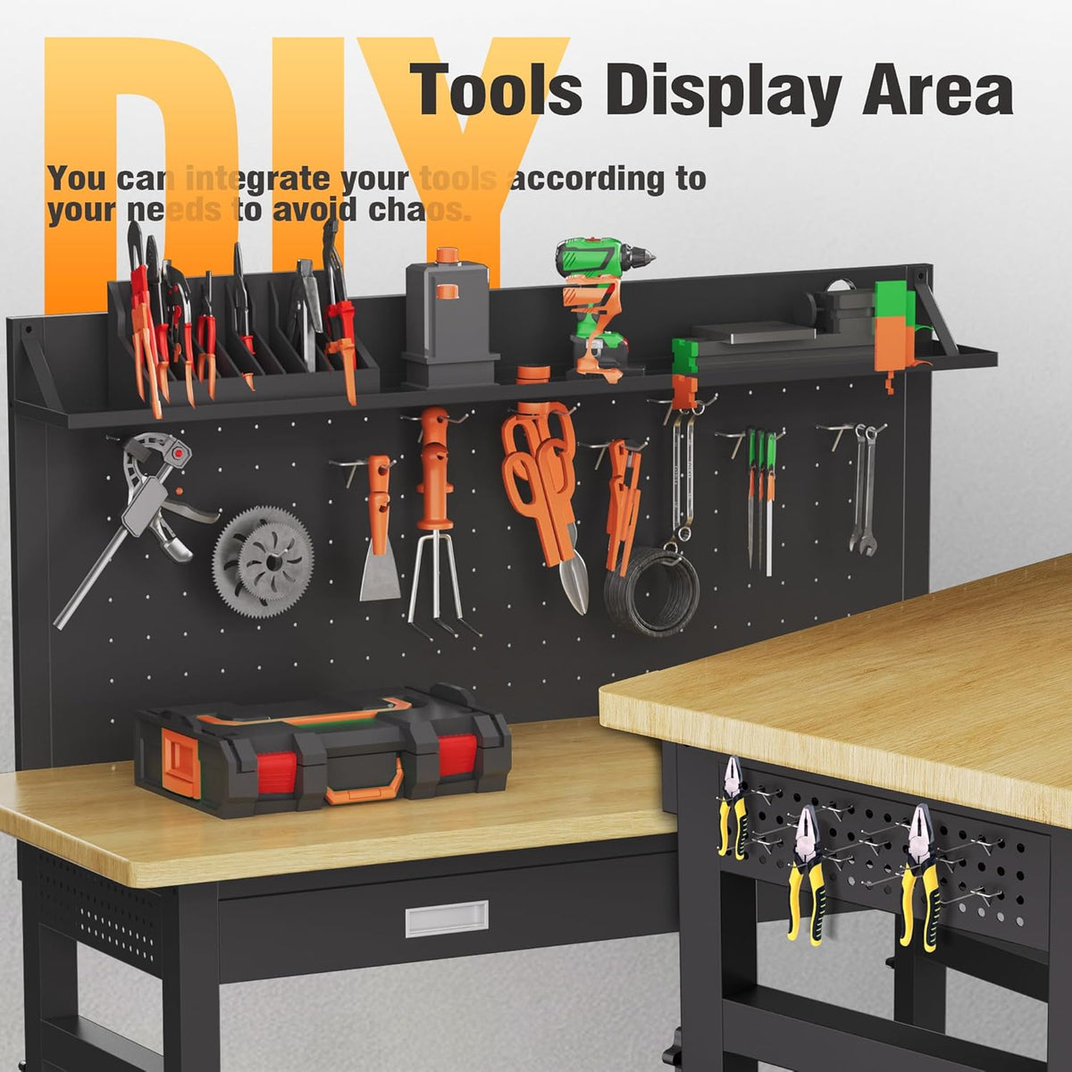 60" Heavy Duty Work Bench with Drawers, Adjustable Height 2000 Lbs Garage Workbench with Pegboard Pad & Power Outlets & Wheels, Mobile Tool Work Table for Workshop Woodworking Home Office