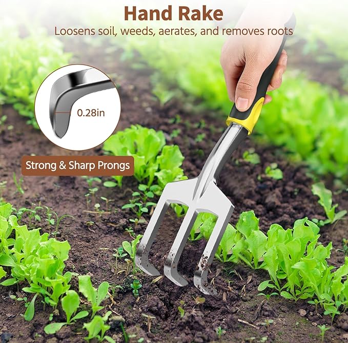 LASZOLA 3 Piece Garden Tool Set Include Hand Trowel Rake and Transplant Shovel for Women, Indoor Heavy Duty Small Spade Kit with Ergonomic Handle to Weed and Loosen, for Mom and Plant Beginner, Yellow
