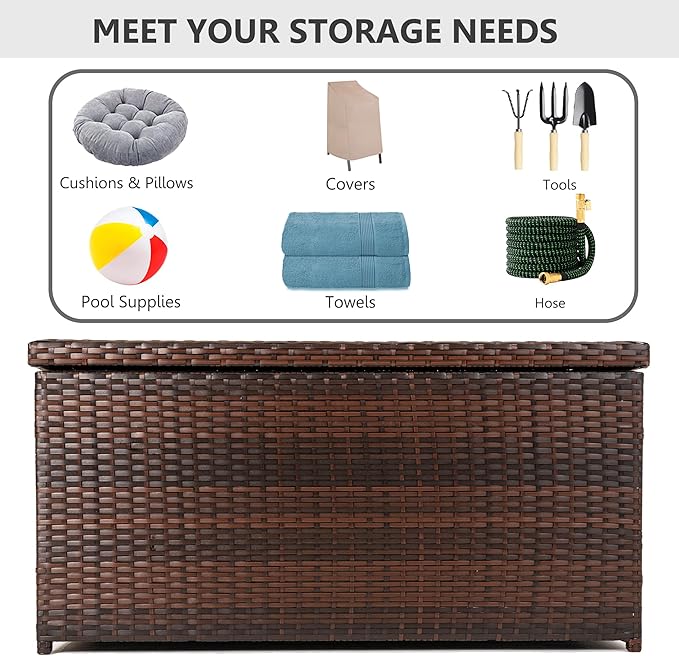 Outdoor 70 Gallon Wicker Storage Box with Waterproof Liner, Patio PE Rattan Storage Container for Outside, Deck Box with Hinged Lid for Cushions, Pillows, Towels, Horizontal Bin, Brown