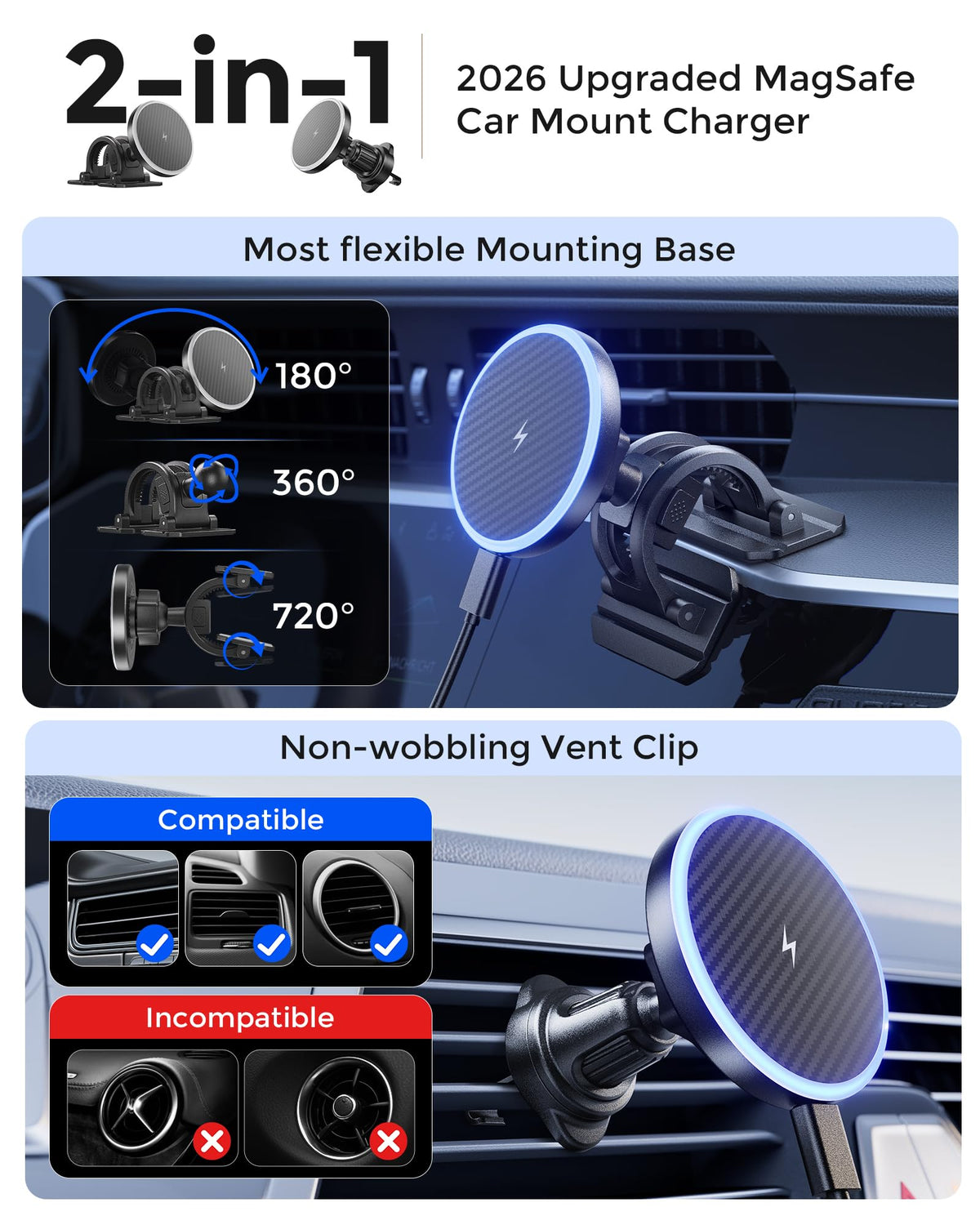 Estbuc 2-in-1 15W Magsafe Car Mount Charger, Magnetic Wireless Car Charger