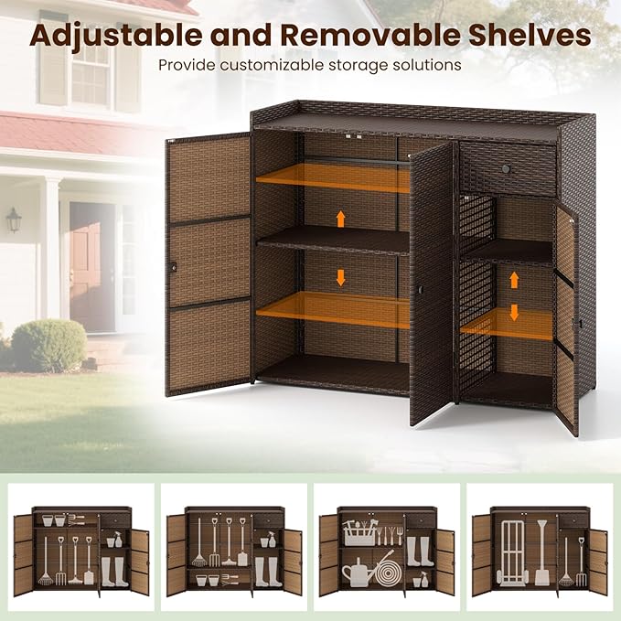 Tangkula Rattan Outdoor Storage Cabinet, Patiojoy Outdoor Cabinet with 4 Adjustable Shelves, 1 Drawer, 3 Doors, Patio Storage Deck Box Table for Patio Garden Poolside (Mix Brown)