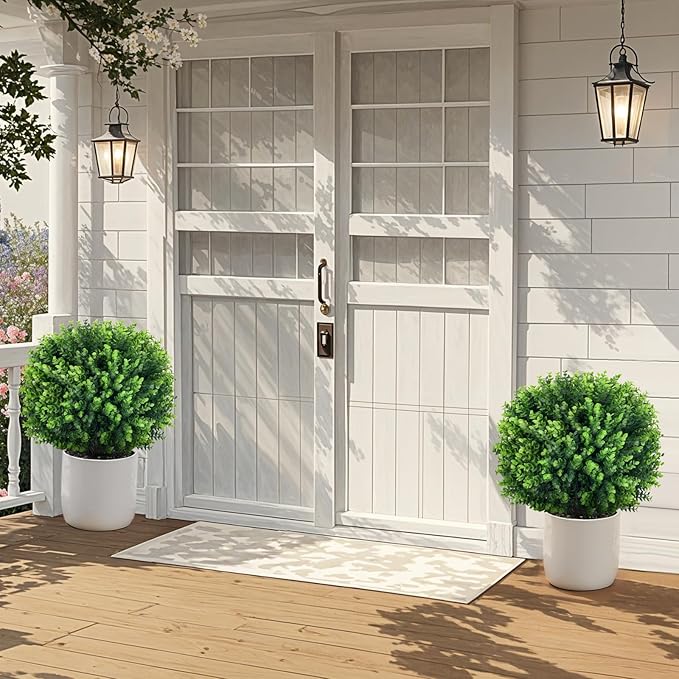 Artificial Topiary Tree with Eucalyptus, Set of 2 UV Resistant 17in Miniature Trees, Outdoor for Porch, Fake Bonsai Topiaries, Greenery Balls, Faux Shrubs for Planters, Curb Appeal Decor