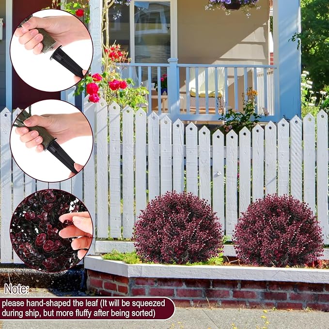 Yunlly 2 Pcs 18 Inch Artificial Boxwood Ball Topiary Tree Fake Outdoor Plants Bush, UV Resistance Faux Shrub with Spike Realistic Greenery Potted for Indoor Garden Yard Porch Patio Decor (Dark Purple)
