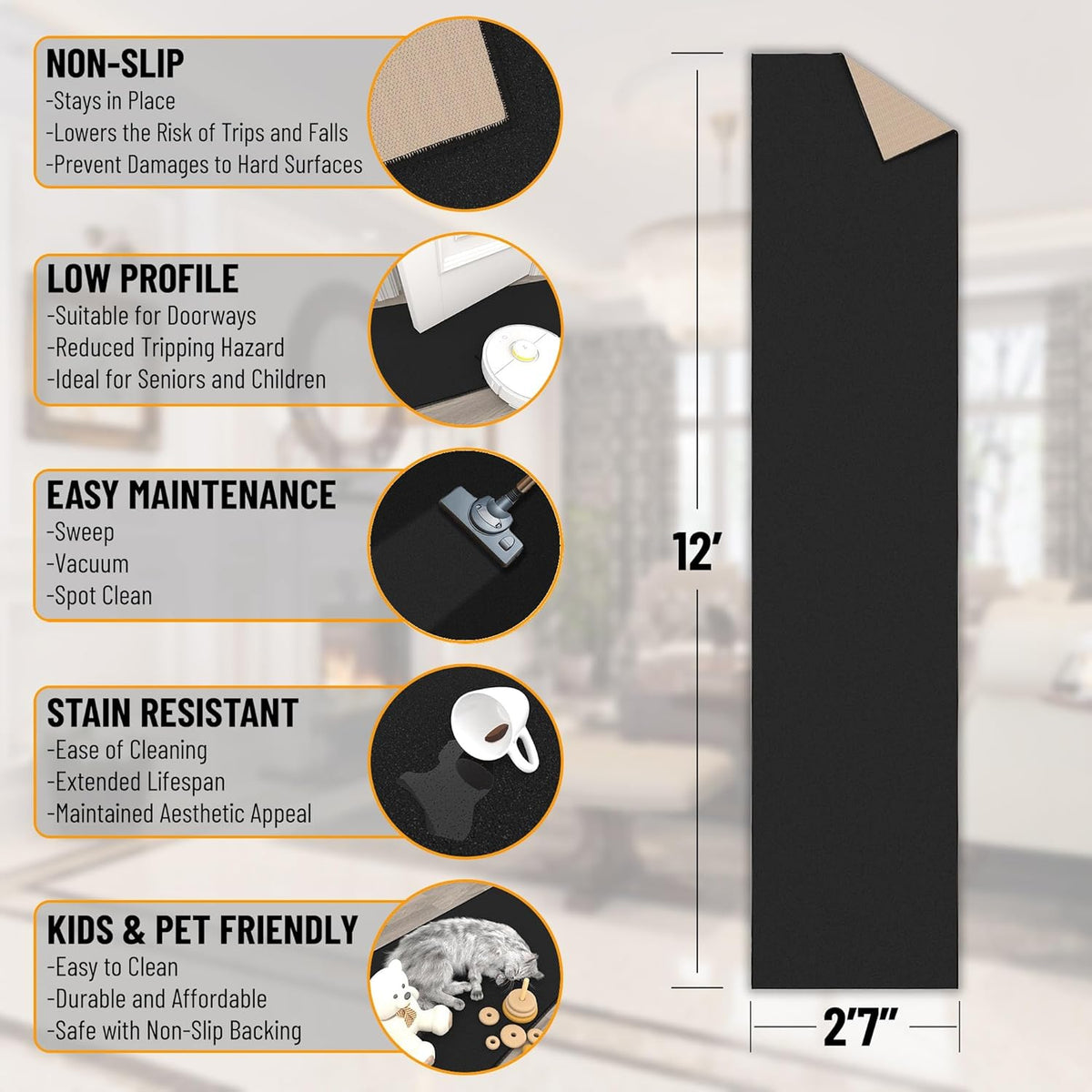 Ottomanson Hallway Runner Rug 2'7" x 12' Non Slip Solid Area Rugs Easy to Clean Laundry Rug Runner Durable & Pet Friendly Floor Carpet Runners for Hallways Entryway Living Room Kitchen, Black