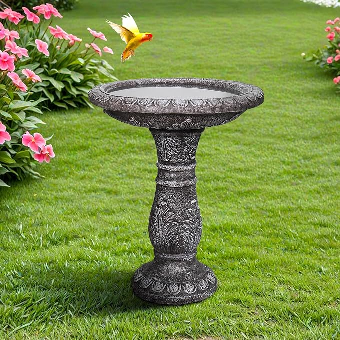 SunJet 24.4” H x 20” Dia Outdoor Birdbath with Intricate Floral Carvings Pedestal - Fibre Reinforced Concrete Birdbaths, Vintage Design for Garden Decor & Bird Attraction