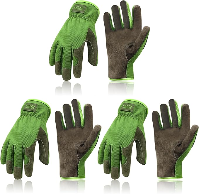 HANDLANDY Leather Work Gloves for Men & Women, Reinforced Durable Garden Gloves, Cowhide Working Glove for Gardening