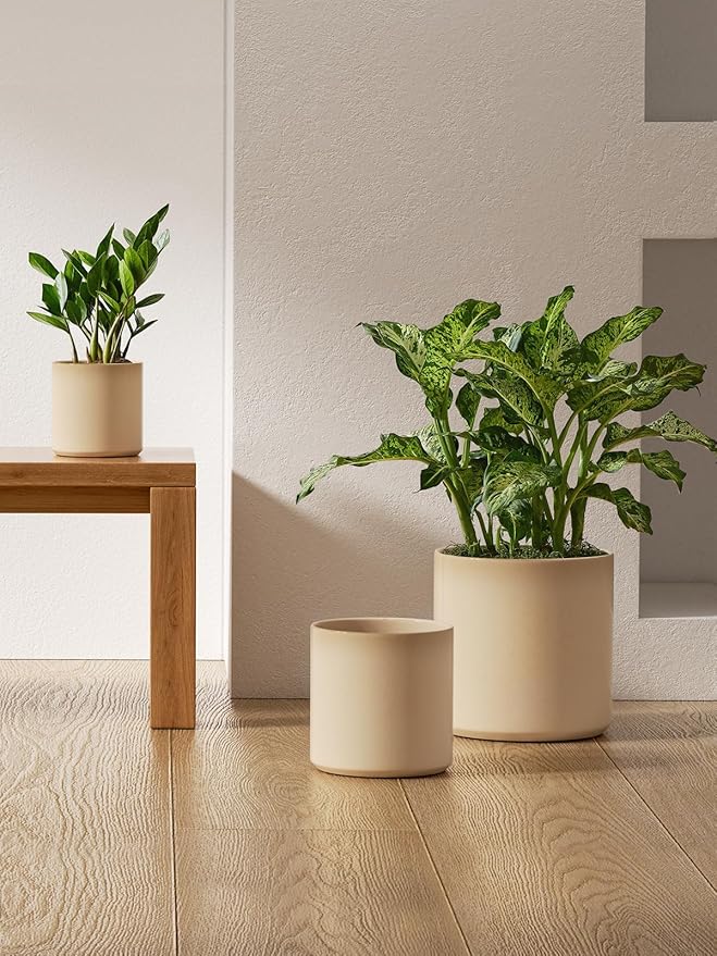 LE TAUCI Ceramic Plant Pots Indoor, 10+8+6 Inch Planters for Indoor Plants, Mid-Century Modern Flower Pots with Drainage Hole and Plug, Cylinder Round Planters, Set of 3, Cloud Cream