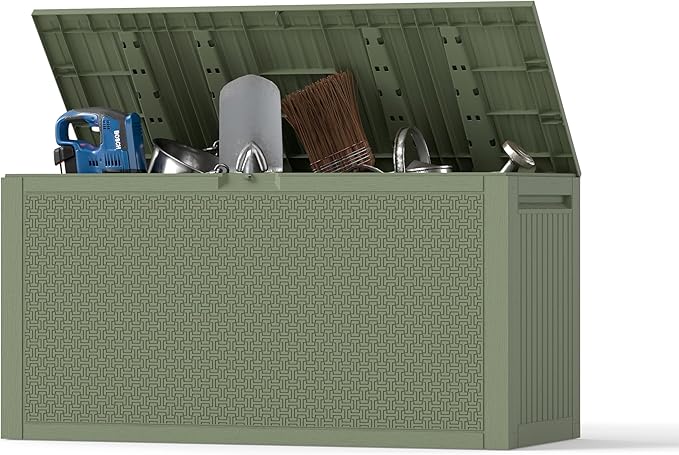 Outdoor Storage Box, 90 Gallon Deck Box, Waterproof Resin Storage Bin for Patio Cushions, Gardening Tools, Lockable, UV Resistant,Olive Green