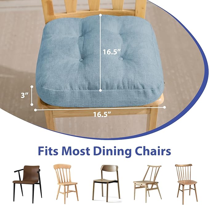 Chair Cushions for Dining Chairs, Dining Chair Cushions, Tufted Indoor Chair Pads with Ties & Non Slip Backing, Seat Cushions for Kitchen Chairs 16.5” x 16.5” x 3.5”, Set of 6, Light Blue