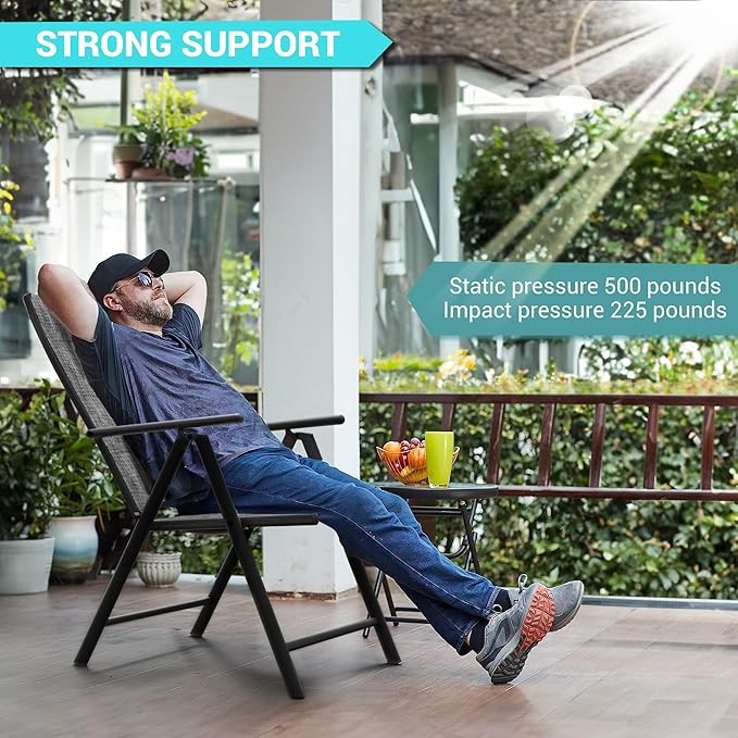 UDPATIO Patio Folding Dining Chairs Set of 2, Folding Lawn Chairs for Adults with Padded All Weather Breathable Textilene, Portable Chairs with Steel Frame, No Assembly, Dark Grey
