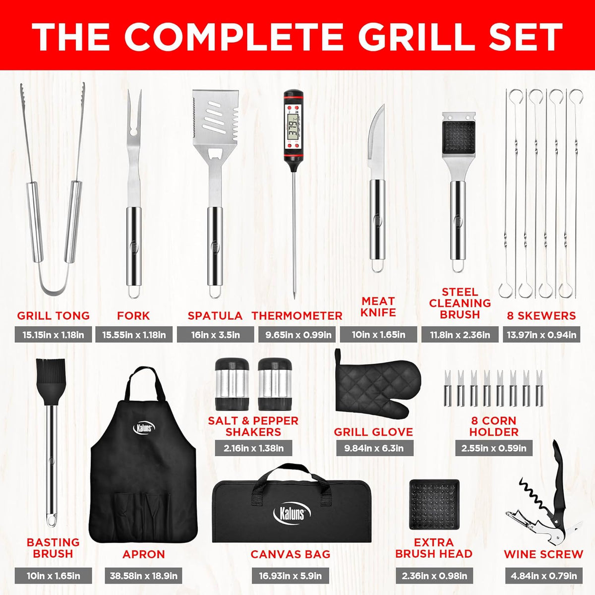 Kaluns Grilling Accessories, Dad Gifts for Christmas Grilling Gifts, Heavy Duty Stainless Steel Grill Set BBQ Grill Accessories for Outdoor Grill with Meat Thermometer, Case and Apron