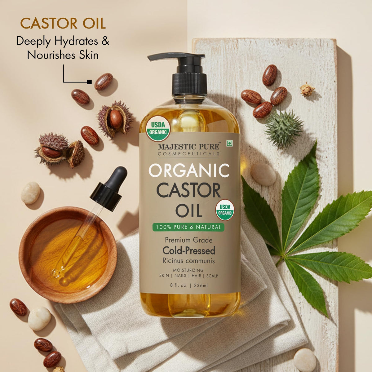 Majestic Pure USDA Organic Castor Oil, 100% Pure & Natural Body Oil -8 FlOz