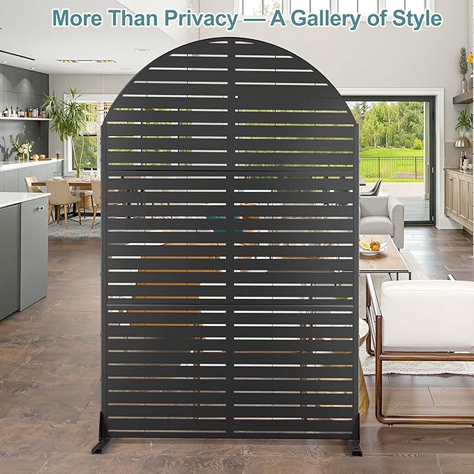 FENCY Metal Privacy Screen with Stand 72" H×47" W Outdoor Freestanding Privacy Panels, Arched Outdoor Privacy Screen for Deck Patio Balcony(Black-Louvered)
