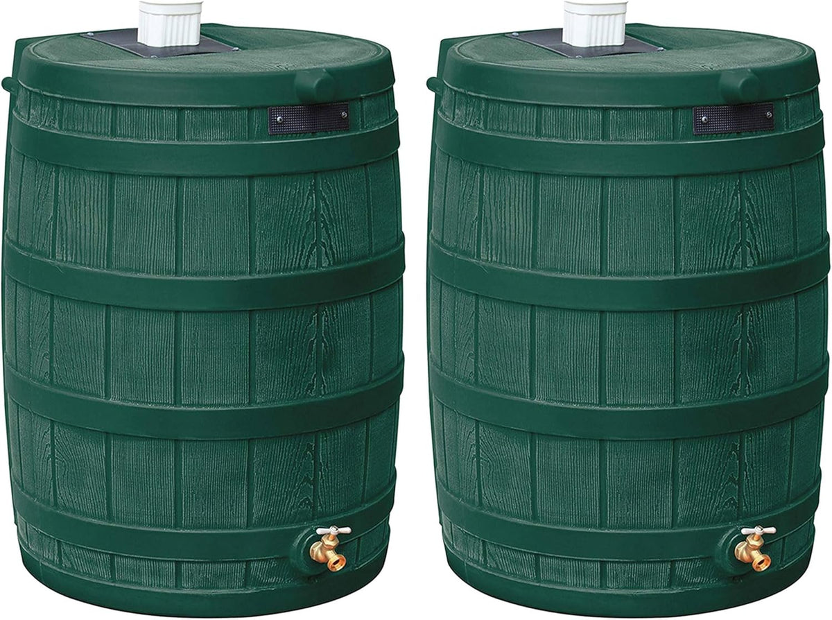 Good Ideas Rain Wizard Water Storage Premium Quality Collection Barrel with Brass Spigot, Safety Screen, and 50 Gallon Capacity, Green (2 Pack)
