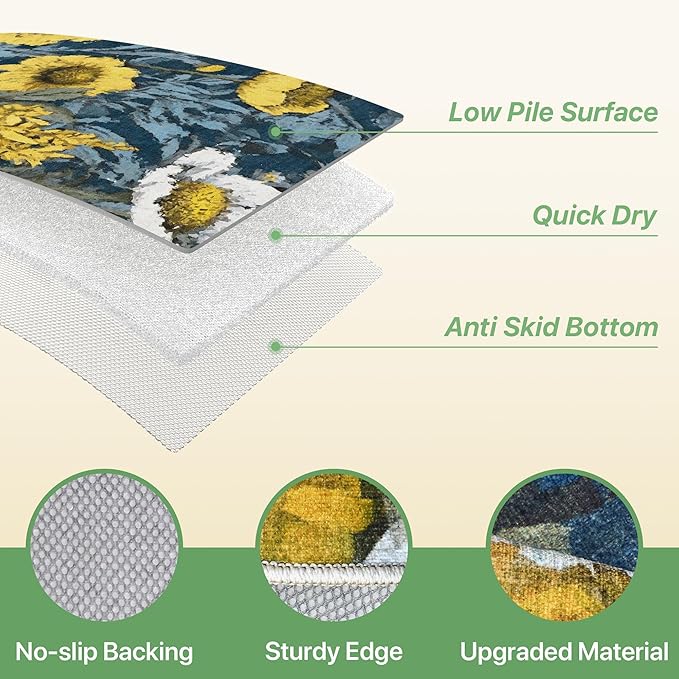 GENIMO Indoor Outdoor Area Rug 6' X 9' Waterproof, Washable Patio Rug Non Shedding, Easy Cleaning Floral Outdoor Carpet for Living Room, Bedroom, Dining Room, Balcony, Backyard, Deck, RV, Blue Yellow