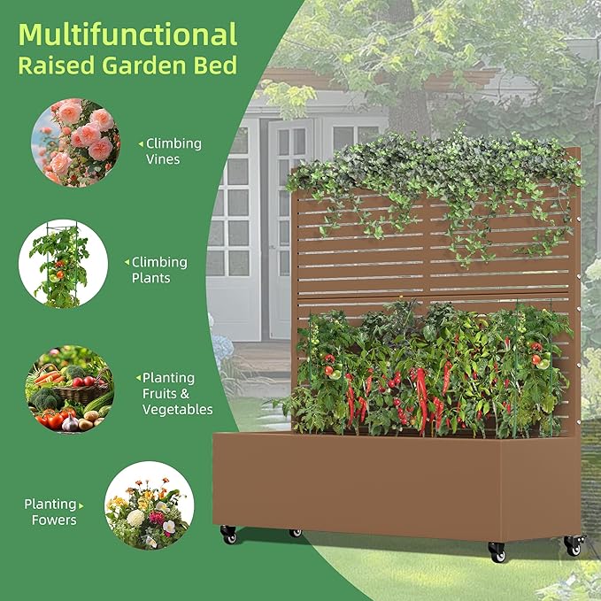 Casaphoria Metal Raised Garden Bed with Trellis and Wheels, 47"x47"x16" Planter Box for Climbing Plants, Vegetables & Vines, Features Drainage Holes and Privacy Screen (Brown-Louvered)