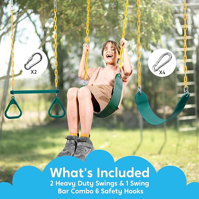 TURFEE 3 Pack Assorted Swing Set, Including 1 Gym Rings Trapeze Bar and 2 Pcs Swings with Plastic Coated Chain, Swingset Accessories Replacement for Kids Outdoor Play, Playground- Green
